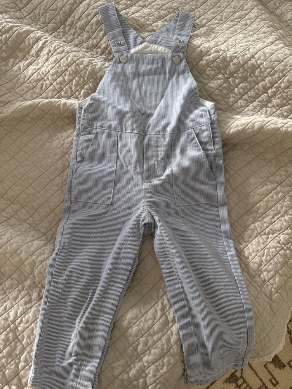 Jacadi Blue and White Pinstripe Baby Overalls